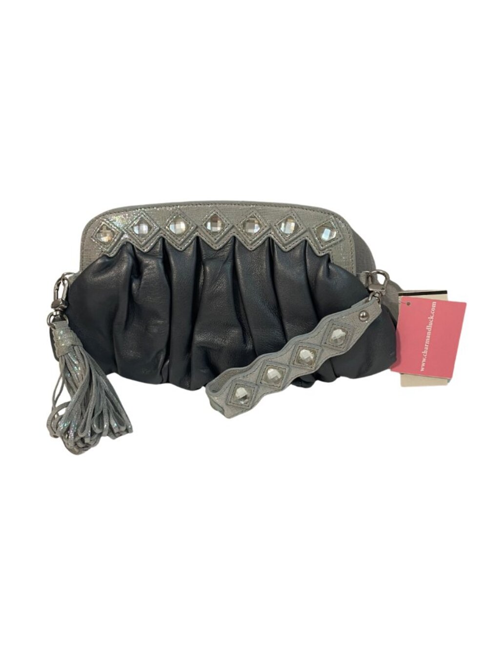 Charm & Luck Y2K Ruched Leather Wristlet Crystal Gem Clutch Charcoal Gray NWT